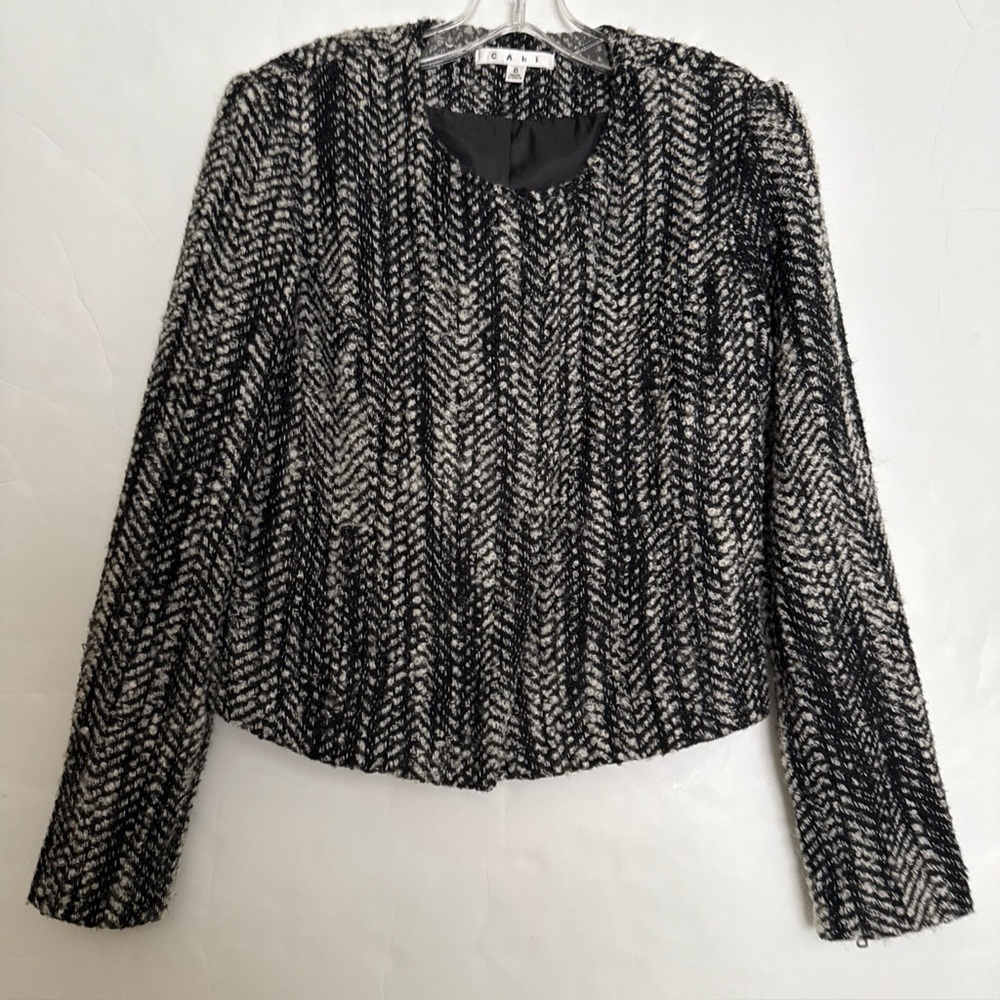 CAbi Black and White Herringbone Pattern Wool Blend Lined Jacket